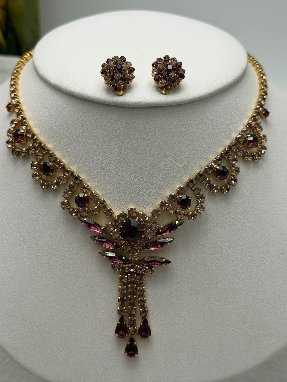 Vintage Purple Rhinestone Statement Necklace & Earring Set - Picture 2 of 6
